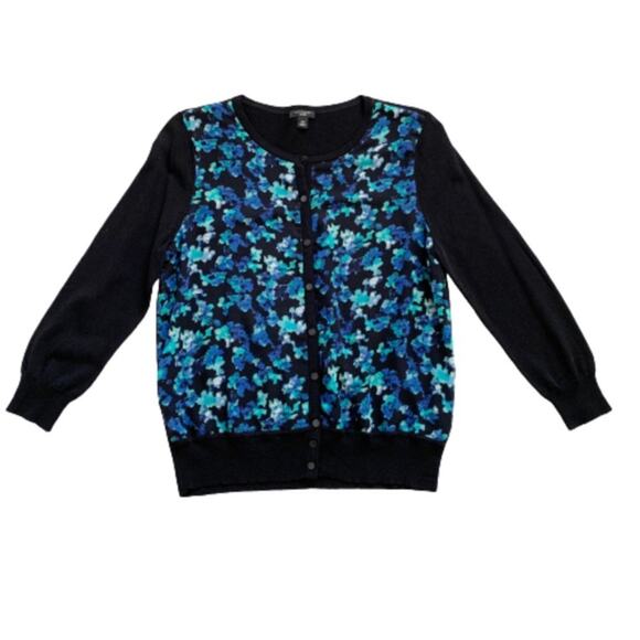 Ann Taylor Cardigan Sweater Black Blue Floral Button Front Cardigan Size MP - Picture 8 of 12